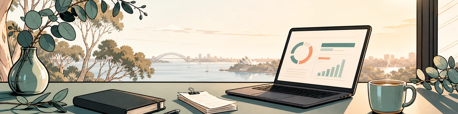 Comic-style illustration of a creator's desk with a laptop, camera, microphone, receipts, and Australian scenery